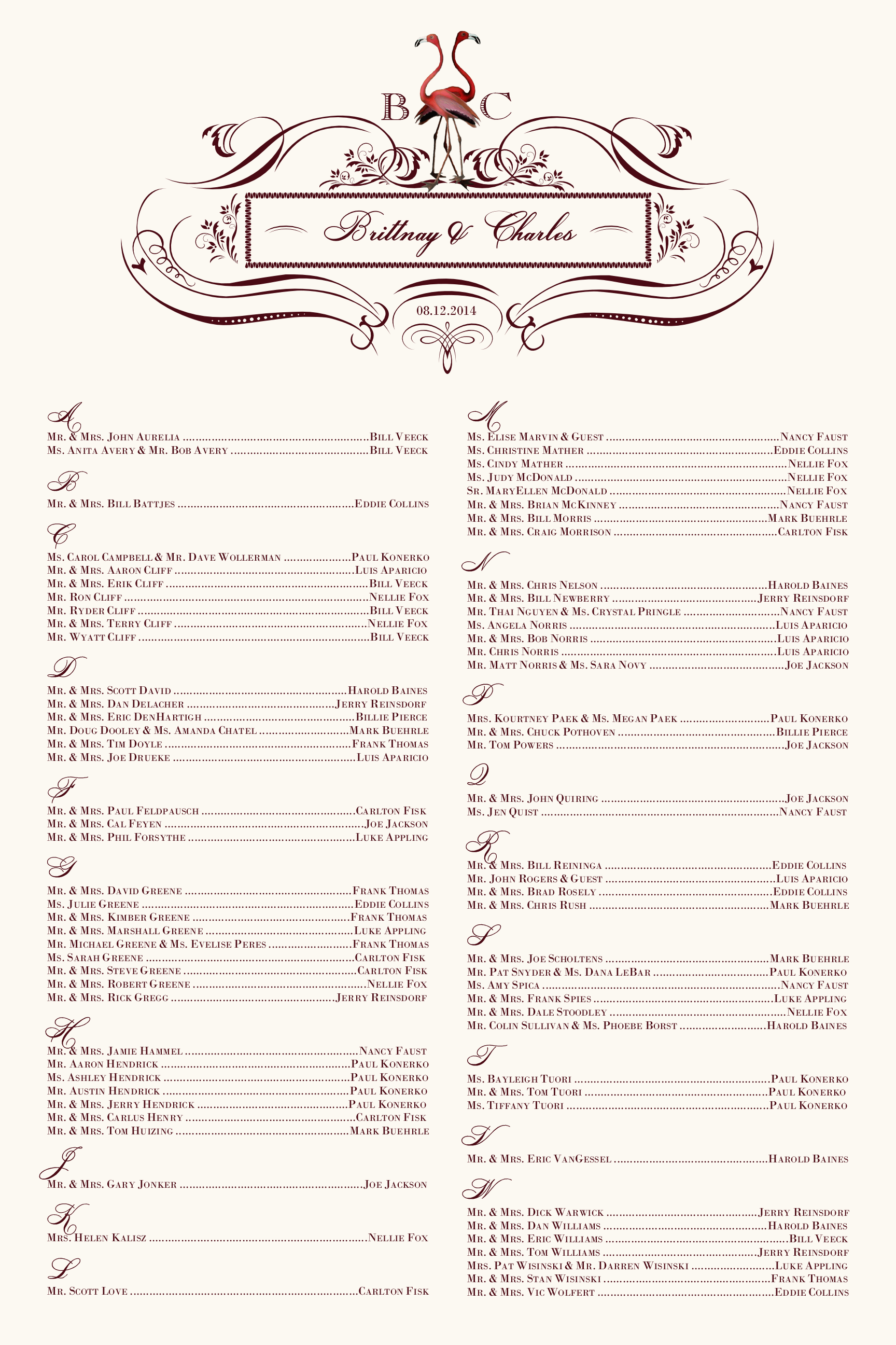 Fiery Flamingos Wedding Seating Chart and Seating Arrangement Chart